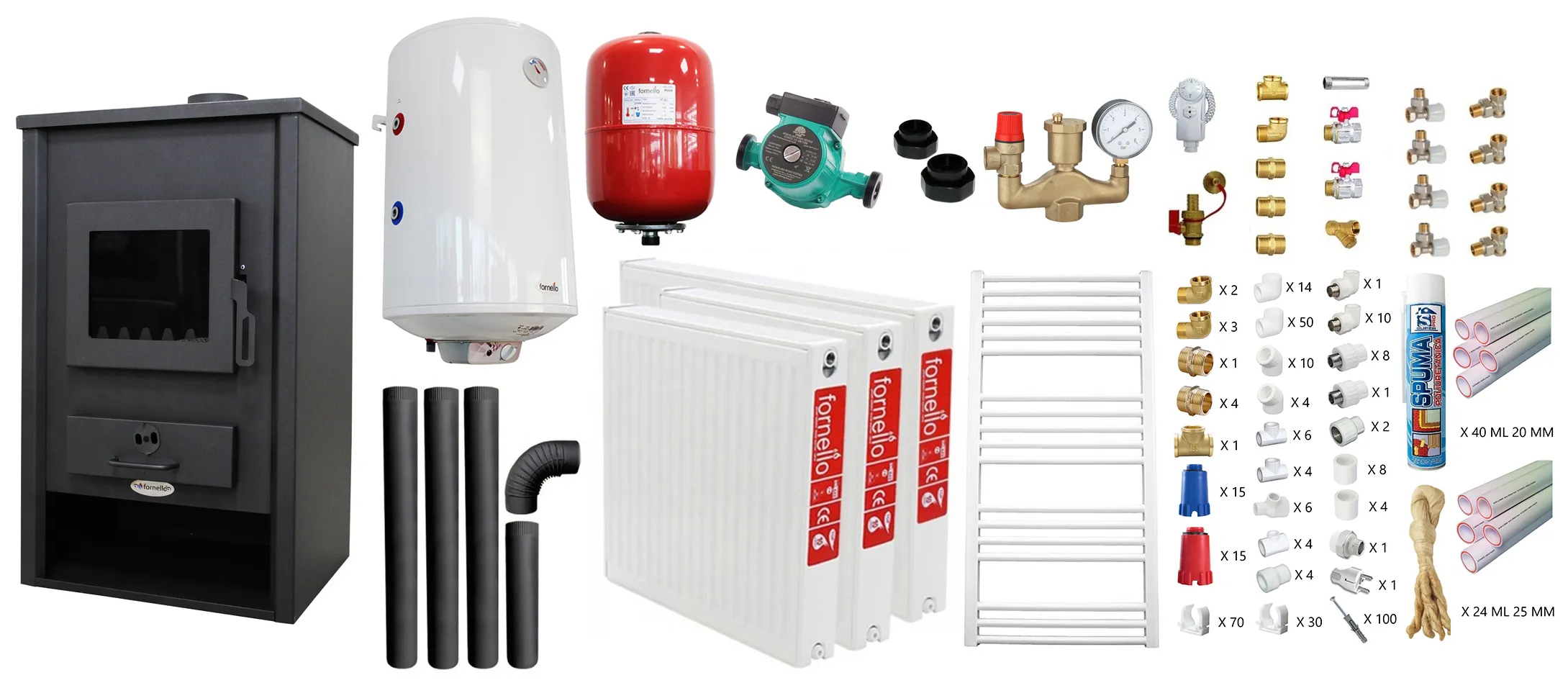 ﻿Pachet incalzire si apa calda pentru 2 camere Termosemineu pe lemne, brichete si carbune Fornello PADOVA E, 19.4 kW, 510x500x910 mm, teava PPR si fitinguri, boiler termoelectric 80l, vas expansiune, pompa circulare, calorifere, kit evacuare si kit