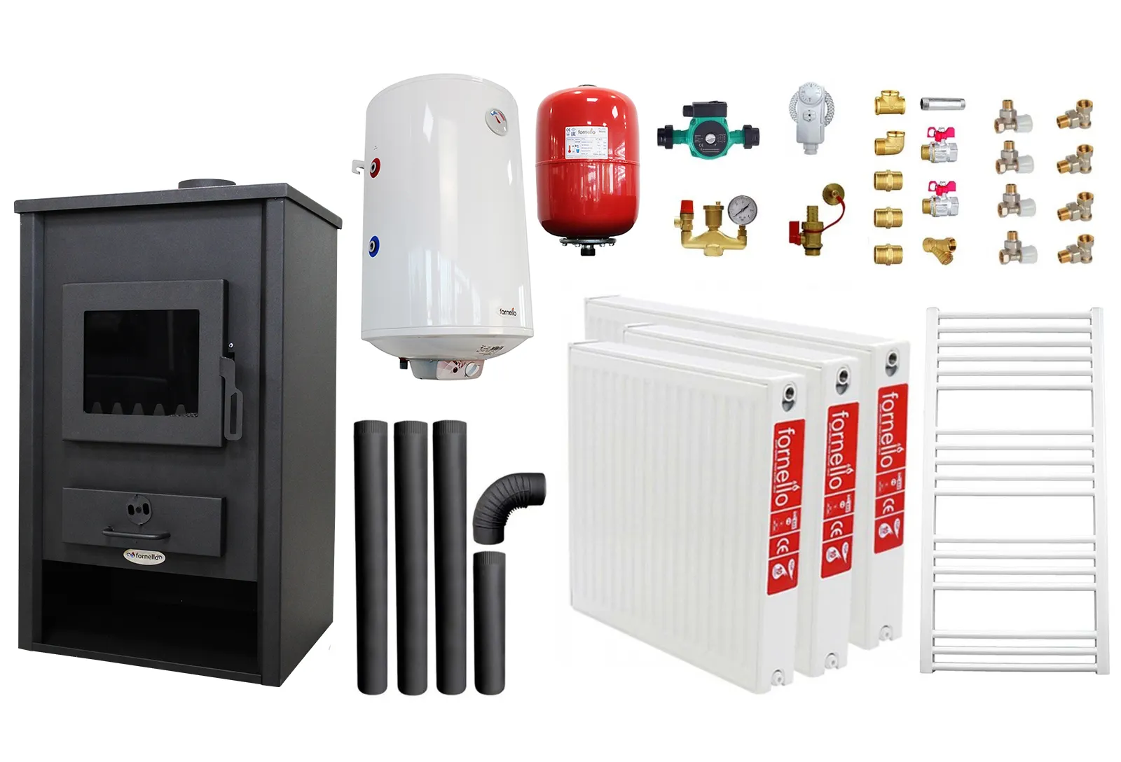 ﻿﻿﻿Pachet incalzire si apa calda pentru 2 camere Termosemineu pe lemne, brichete si carbune Fornello PADOVA E, 19.4 kW, 510x500x910 mm, boiler termoelectric 80l, vas expansiune, pompa circulare, calorifere, kit evacuare si kit montaj
