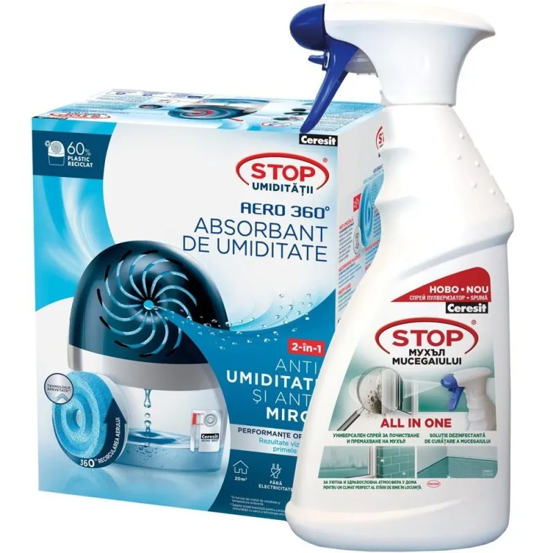 Absorbant Umiditate Ceresit Aero 360, Black, 450 g si Ceresit Stop Mucegai All in One, 500 ml