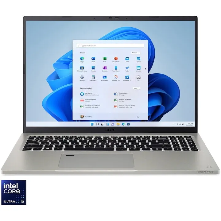 Acer Laptop Acer Aspire Vero 16, procesor Intel® Core™ Ultra 5 225H pana la 4.9 GHz, 16 inch, WUXGA IPS, 16GB LPDDR5X, 1TB SSD, Intel® Arc™ 130T GPU, Windows 11 Home, Gri