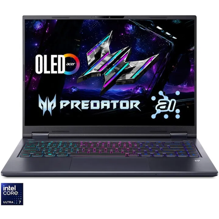 Acer Laptop Acer Predator Helios Neo 14 AI, Intel Core Ultra 7 255H, 14 inch, RAM 32 GB, SSD 1 TB, RTX 5060, Fara OS, Negru