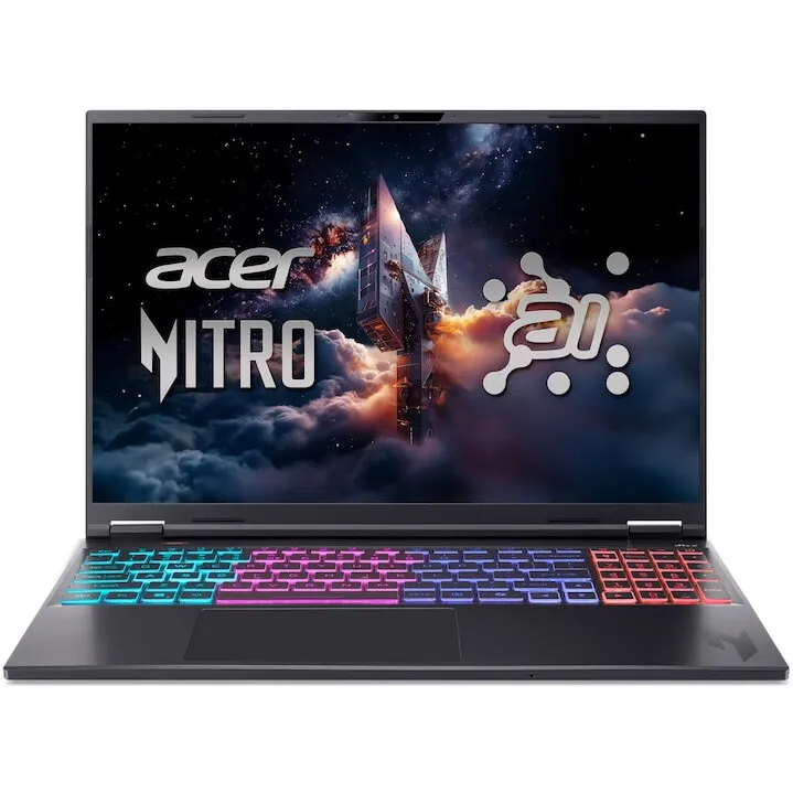 Acer Laptop Gaming Acer Nitro 16S AI, procesor AMD Ryzen™ AI 7 350 pana la 5.0 GHz, 16 inch, WQXGA IPS, 180Hz, 16GB DDR5, 1TB SSD, NVIDIA® GeForce RTX™ 5070 8GB GDDR7, No OS, Negru
