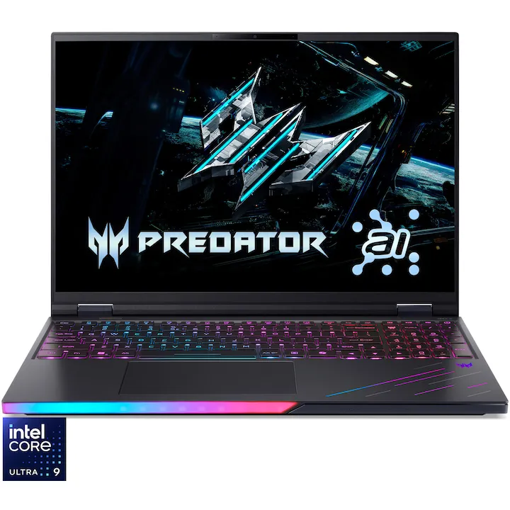 Acer Laptop Gaming Acer Predator Helios 16 AI OLED PH16-73-965F, procesor Intel® Core™ Ultra 9 275HX pana la 5.4GHz, 16 inch, WQXGA, OLED, 240Hz, 32GB DDR5 RAM, 2TB SSD, NVIDIA® GeForce RTX™ 5090 24GB GDDR7, No OS, Negru
