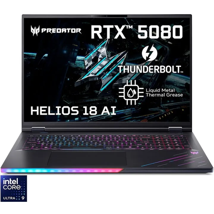 Acer Laptop Gaming Acer Predator Helios 18 AI PH18-73-956S, procesor Intel® Core™ Ultra 9 275HX pana la 5.4GHz, 18 inch, WQXGA, IPS, 250Hz, 128GB DDR5 RAM, 6TB SSD, NVIDIA® GeForce RTX™ 5080 16 GB GDDR7, Windows 11 Home, Negru