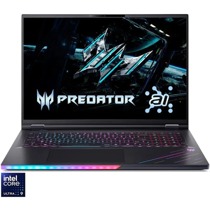 Acer Laptop Gaming Acer Predator Helios 18 AI PH18-73-95ZQ, procesor Intel® Core™ Ultra 9 275HX pana la 5.4GHz, 18 inch, WQXGA, 250Hz, IPS, 64GB DDR5 RAM, 2TB, NVIDIA® GeForce RTX™ 5080 16GB GDDR7, No OS, Negru