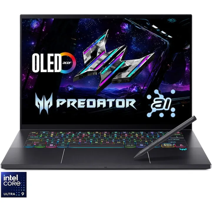Acer Laptop Gaming Acer Predator Triton 14 AI PT14-52T-909D, procesor Intel® Core™ Ultra 9 288V, 14.5 inch 8K, OLED, 120Hz, Touch, 32GB LPDDR5X RAM, 2TB SSD, NVIDIA® GeForce RTX™ 5070 8GB GDDR7, No OS, Negru