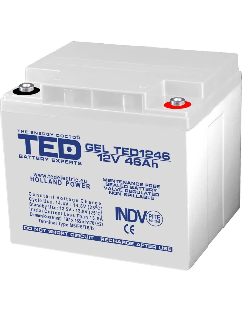 Acumulator AGM VRLA 12V 46A GEL Deep Cycle 197mm x 166mm x h 171mm M6 TED Battery Expert Holland TED003454 (1)