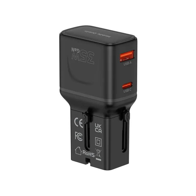 Adaptor retea Mobile Origin Travel Adapter GaN, 35W, 1xUSB-C, 1xUSB-A, Compatibil cu prize EU/UK/US/AU, Negru