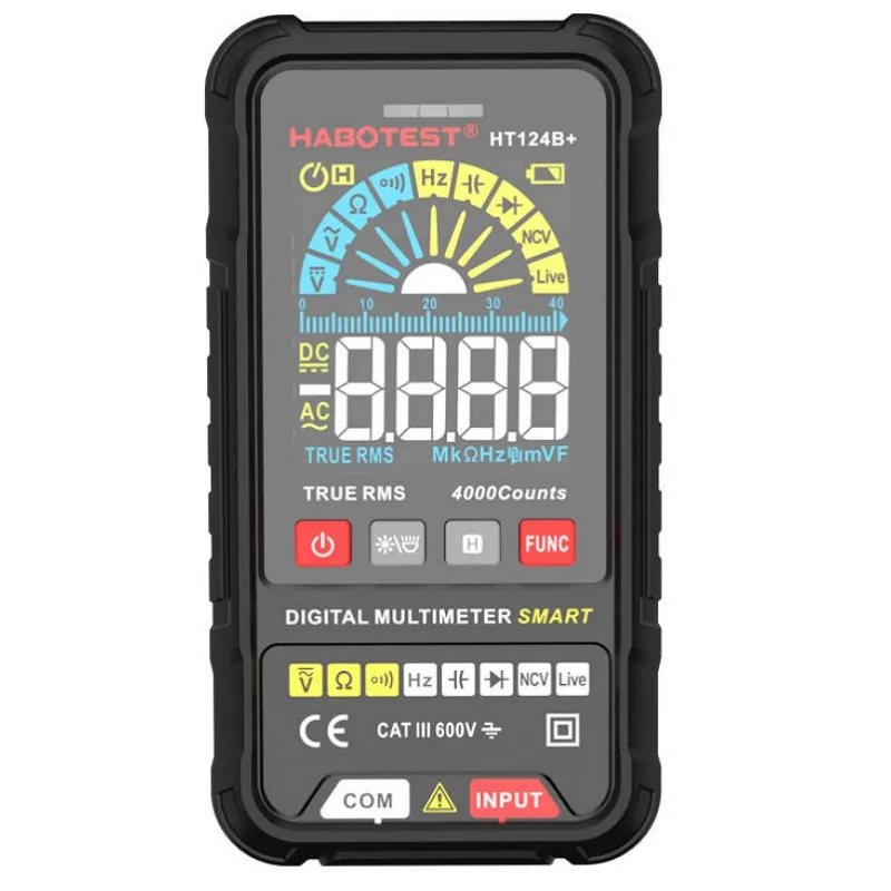 Aparat de masura digital Habotest HT124B+, Multimetru Universal, tensiune DC/AC, Diode, Capacitati, Frecvente, Rezistente, True RMS, Live test, NCV, Lanterna Negru