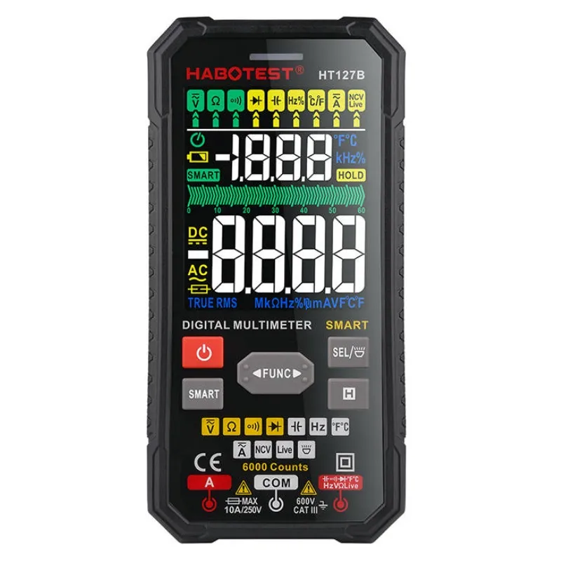 Aparat de masura digital Habotest HT127B, Multimetru Universal, Rezistente, Capacitati, Frecvente, Diode, True RMS, Temperatura, Test Live, NCV, Lanterna LED, Negru