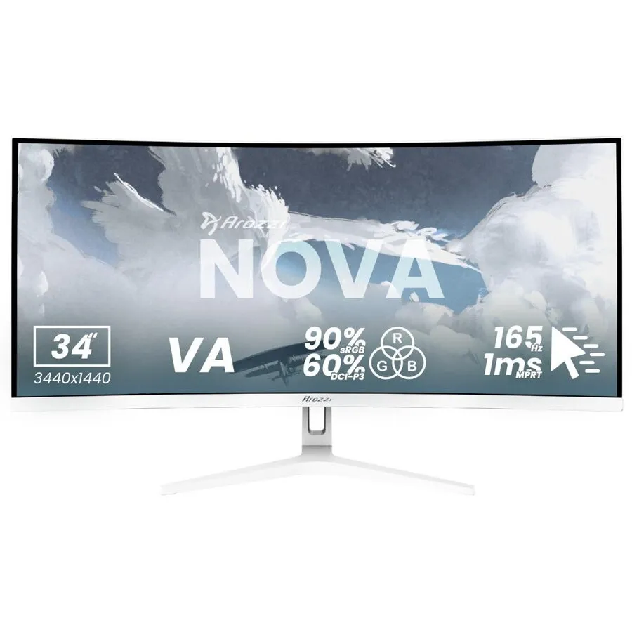 AROZZI Monitor Gaming VA LED Arozzi Nova 34T2K165, 34 inch, UWQHD 3440 x 1440 pixeli, HDMI, DisplayPort, Ecran curbat, 165 Hz, 1 ms, Alb