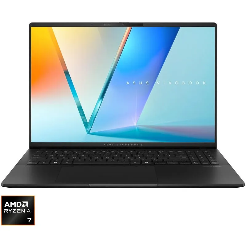Asus Laptop ASUS Vivobook S16 OLED, AMD Ryzen AI 7 350, 16 inch 3K, 24GB LPDDR5X, 1TB SSD, AMD Radeon 860M, No OS, Negru (INT Keyboard)