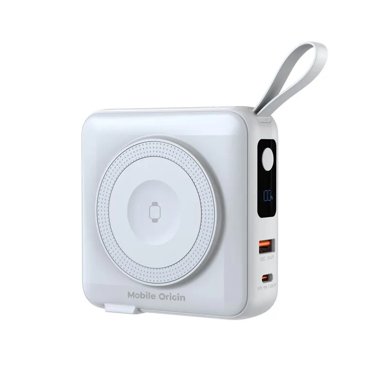 Baterie externa Mobile Origin, 10000 mAh, 20W, Cabluri Lightning/USB-C, Compatibila MagSafe/AW/AirPods, Afisaj LCD, Alb