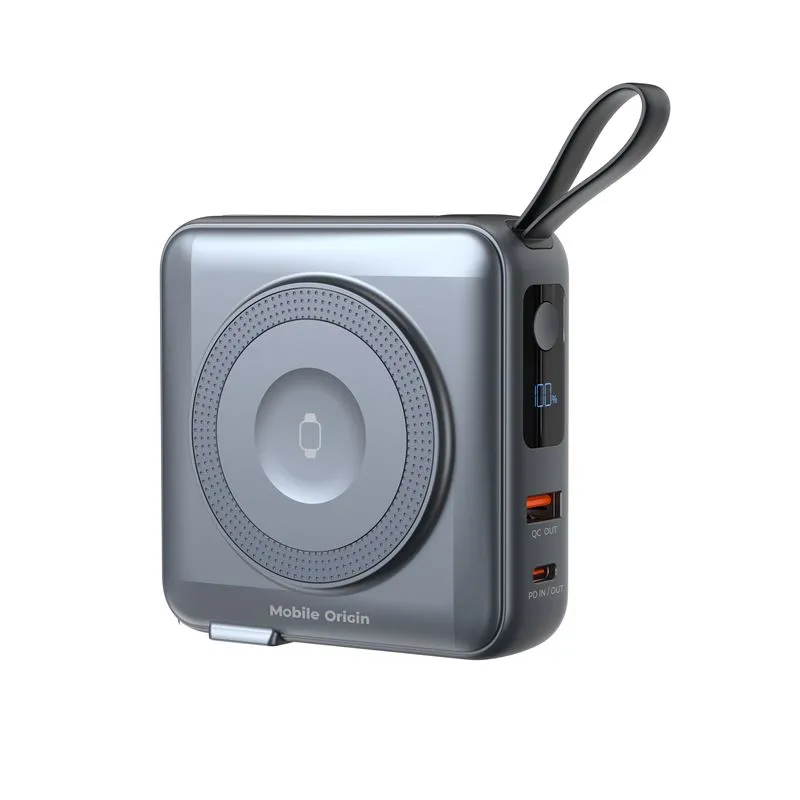 Baterie externa Mobile Origin, 10000 mAh, 20W, Cabluri Lightning/USB-C, Compatibila MagSafe/AW/AirPods, Afisaj LCD, Gri