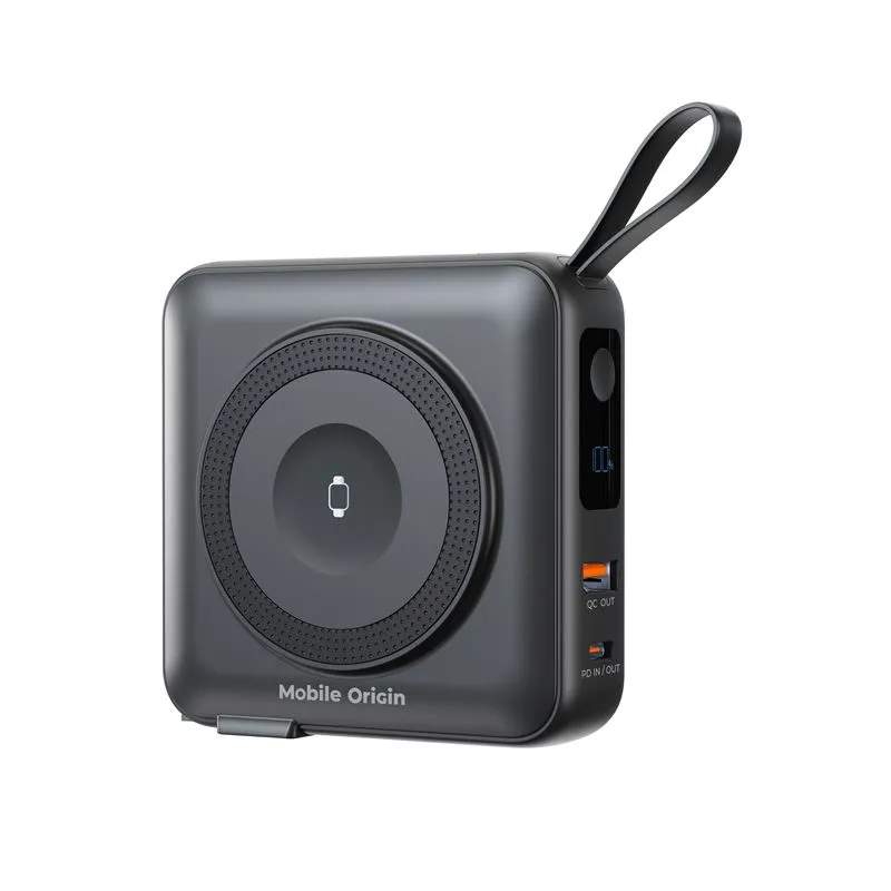 Baterie externa Mobile Origin, 10000 mAh, 20W, Cabluri Lightning/USB-C, Compatibila MagSafe/AW/AirPods, Afisaj LCD, Negru