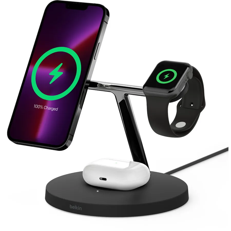 Belkin Incarcator wireless 3-in-1 Belkin BoostCharge Pro, 15W, MagSafe, Stand, AirPods, Apple Watch + Adaptor AC, Negru