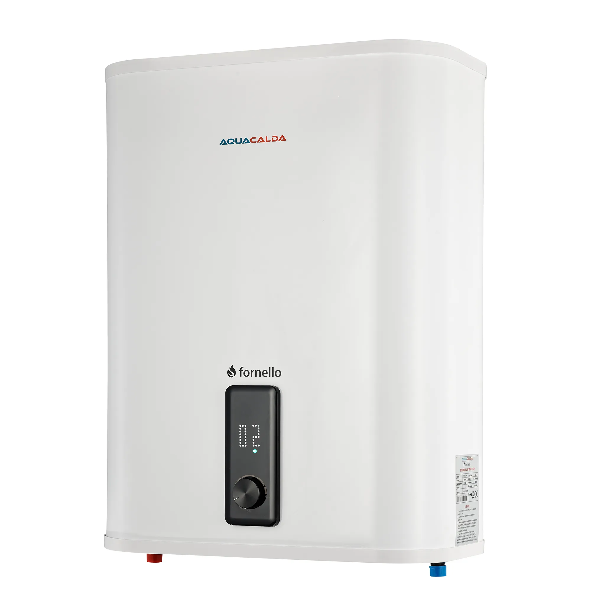 Boiler electric Fornello AQUACALDA Flat , 50 Litri, 2000 watt, reglaj extern al temperaturii, poliuretan expandat, montare Verticala sau Orizontala, grad de protecție IPX4, anod de magneziu si afisaj digital