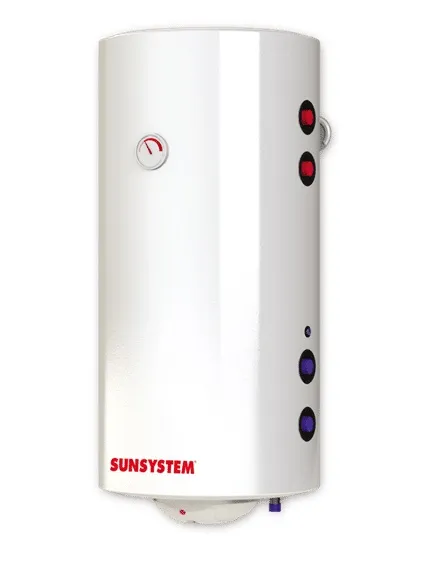 Boiler termoelectric Sunsystem BB NL2 150 PRL 3KW cu doua serpentine, 150 litri, putere serpentina 15 kw, putere electrica 3 KW, serpentine pe partea dreapta, reglaj extern al temperaturii, izolatie termica