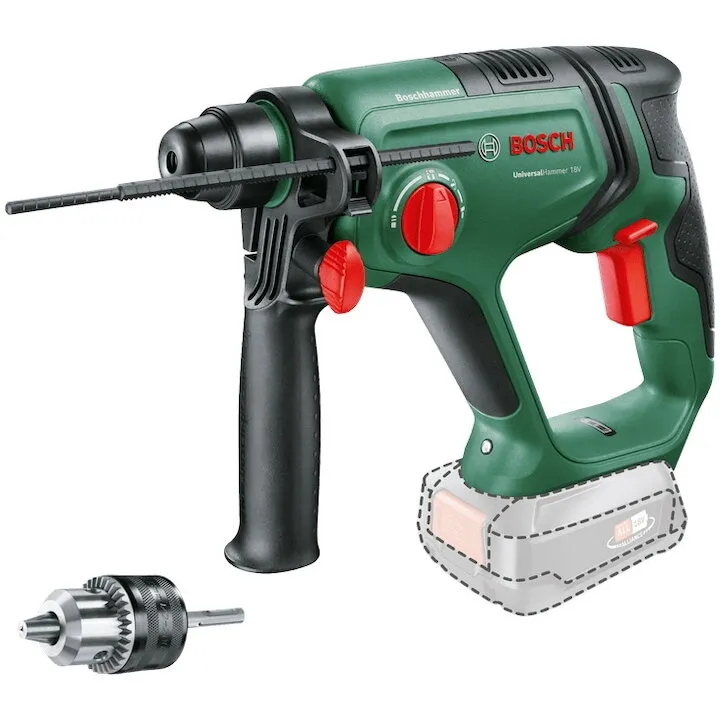 BOSCH Ciocan rotopercutor pe acumulator Bosch UniversalHammer 06039D6001, 18 V, 2000 RPM, 2 J, 25 mm diametru maxim gaurire, limitator adancime, adaptor tija rotunda, fara acumulator/incarcator