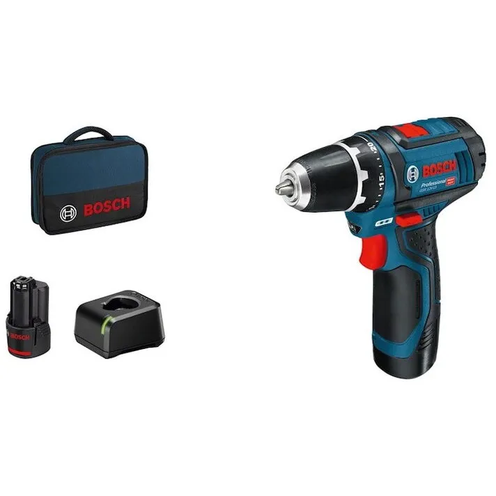 BOSCH Masina de gaurit si insurubat BOSCH GSR 12V-15, 2 acumulatori 2Ah, 1300 RPM, geanta textila