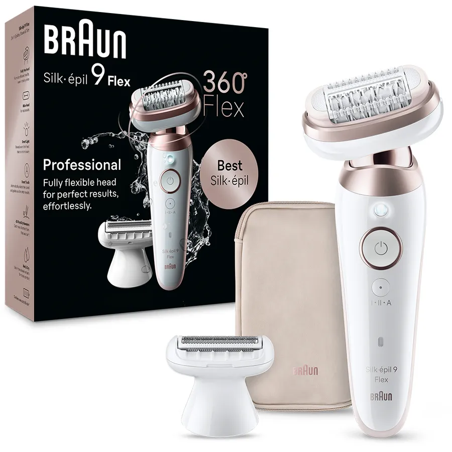 BRAUN Epilator Braun Silk-épil 9 9-030 Flex 360° Wet & Dry, Smart Touch, 40 de pensete, 2 viteze, Cap de ras + Pieptene, Geanta de voiaj, Alb/Bronz
