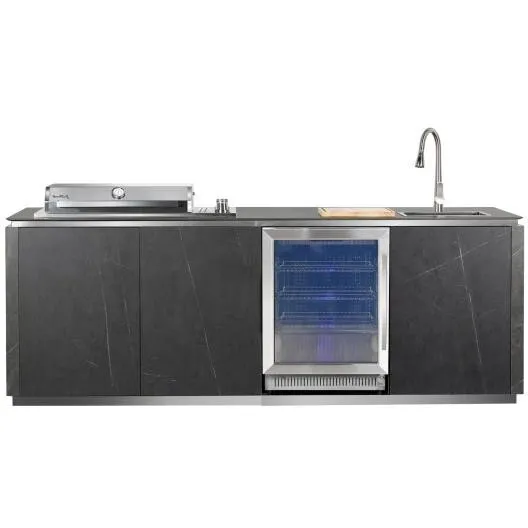 Buschbeck Bucatarie exterior placata ceramica, gratar gaz inox 3 arzatoare, arzator infrarosu, chiuveta, frigider 150 l, Buschbeck Derby