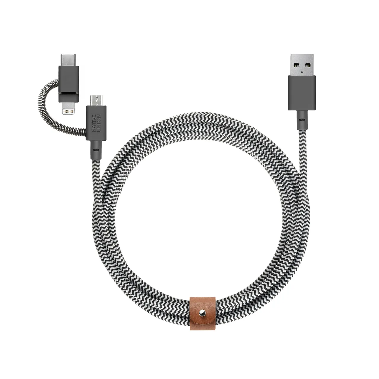 Cablu pentru incarcare si transfer de date Native Union Belt 3-în-1, USB-A la USB-C / Lightning, / Micro-USB, PD 15W, 480Mbps, 2m, Zebra