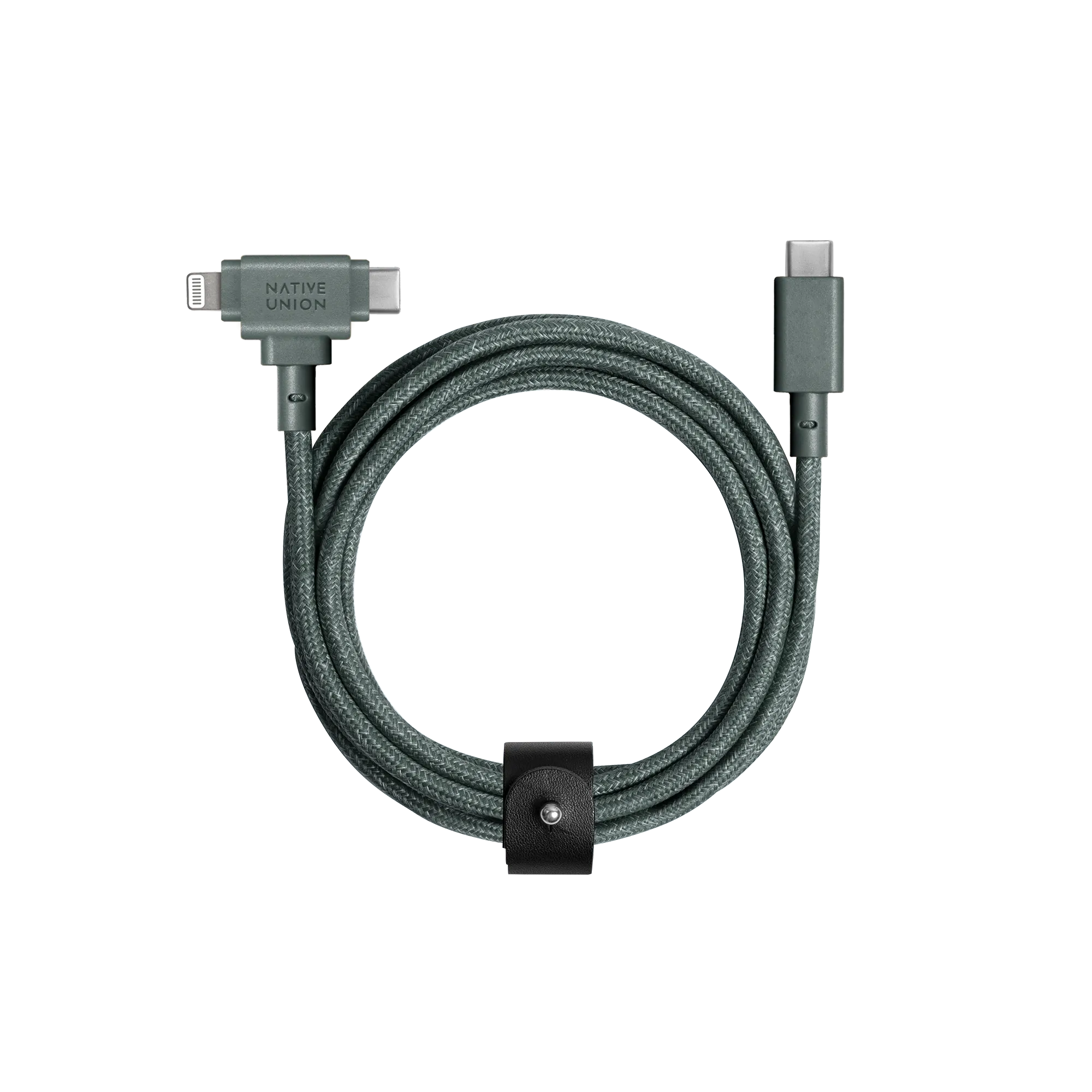 Cablu pentru incarcare si transfer de date Native Union Belt Duo, USB-C la Lightning / USB-C, 60W, 480Mbps, 1.5m, Verde
