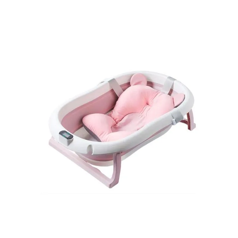 Cadita cu pernuta pentru bebelusi, termometru digital incorporat, pliabila, dop se scurgere, picioare anti-alunecare, Roz, U-Grow