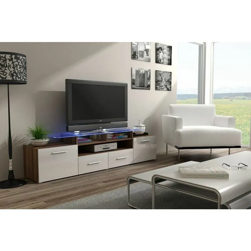 Cama&nbsp;MEBLE Comoda TV Cama Meble Evora 200, Lemn de prun - Alb lucios