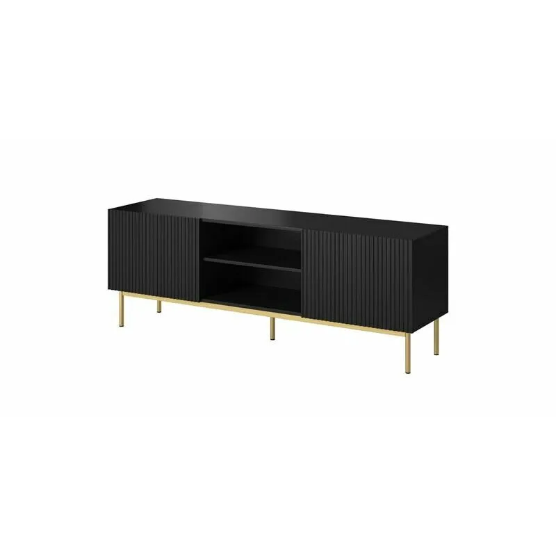 Cama&nbsp;MEBLE Comoda TV Cama Meble Pafos pe cadru din otel Auriu, 150x40x60 cm, PAL-MDF, Negru mat