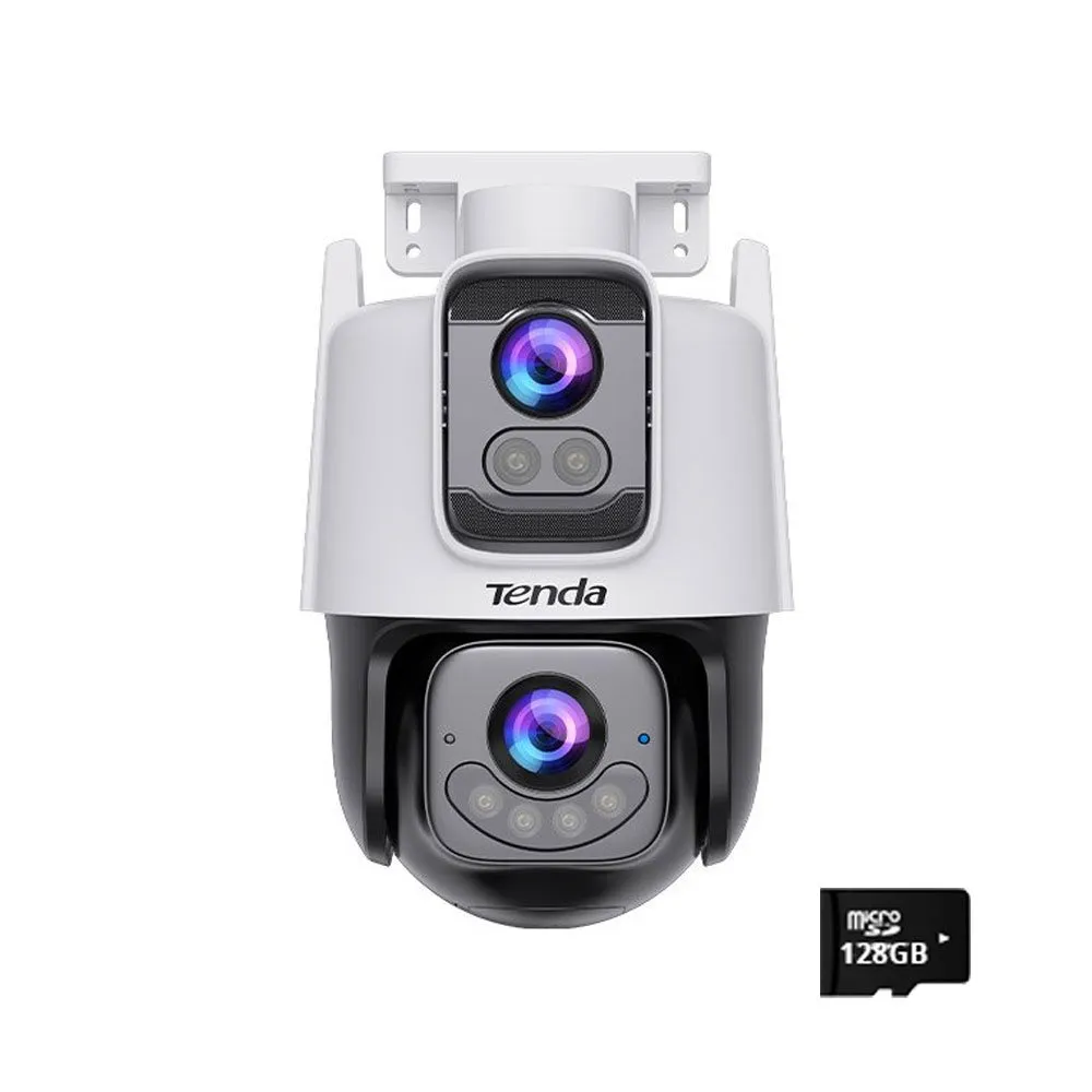 Camera supraveghere exterior PT WiFi 6 cu iluminare si lentila duala Tenda Full Color CH9-WCA, 3+3 MP, 4-6 mm, microfon si difuzor, IR/Lumina alba 30 m, auto-tracking, slot card, card memorie 128 GB inclus