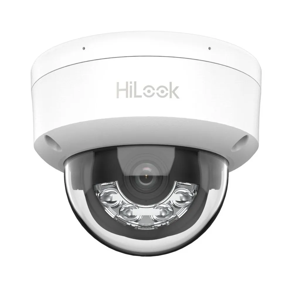Camera supraveghere IP Dome cu iluminare duala Hikvision HiLook IPC-D120HA-LU, 2 MP, IR/lumina alba 30 m, 2.8 mm, microfon, detectare miscare, PoE