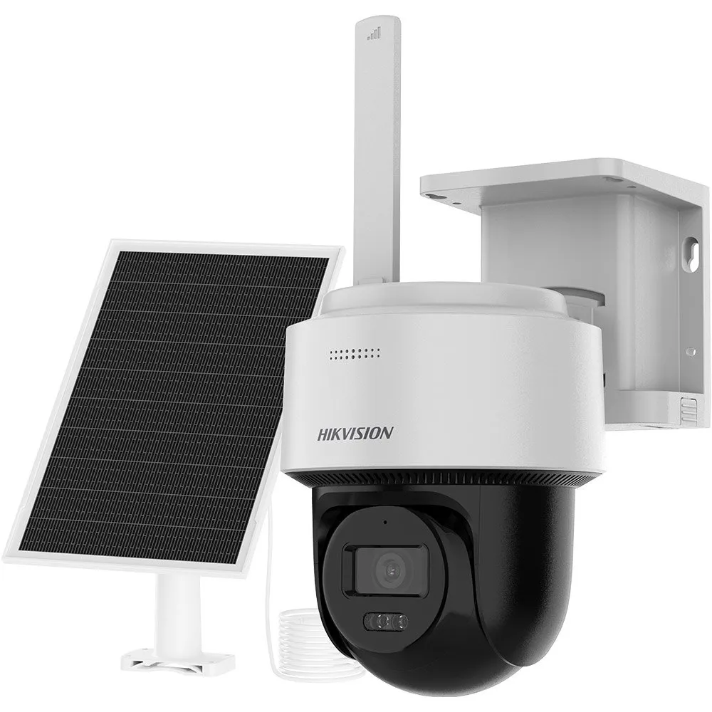 Camera supraveghere PT 4G LTE cu panou solar Hikvision DS-2CFSP4/4G, 4 MP, 2.8 mm, IR/lumina alba 30 m, microfon si difuzor, slot card, acumulator 9000 mAh, smart auto tracking, suporta AOV 24/7, vizualizare de pe telefon