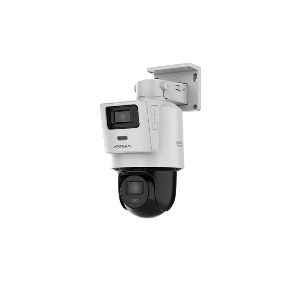 Camera supraveghere IP Speed Dome rotativa PTZ cu iluminare si lentila duala Hikvision TandemVu DS-2SE2C400MWG-E14, 4 MP+4 MP, IR/lumina alba 30 m, 2.8 mm/8 mm, microfon si difuzor, slot card, auto tracking, PoE