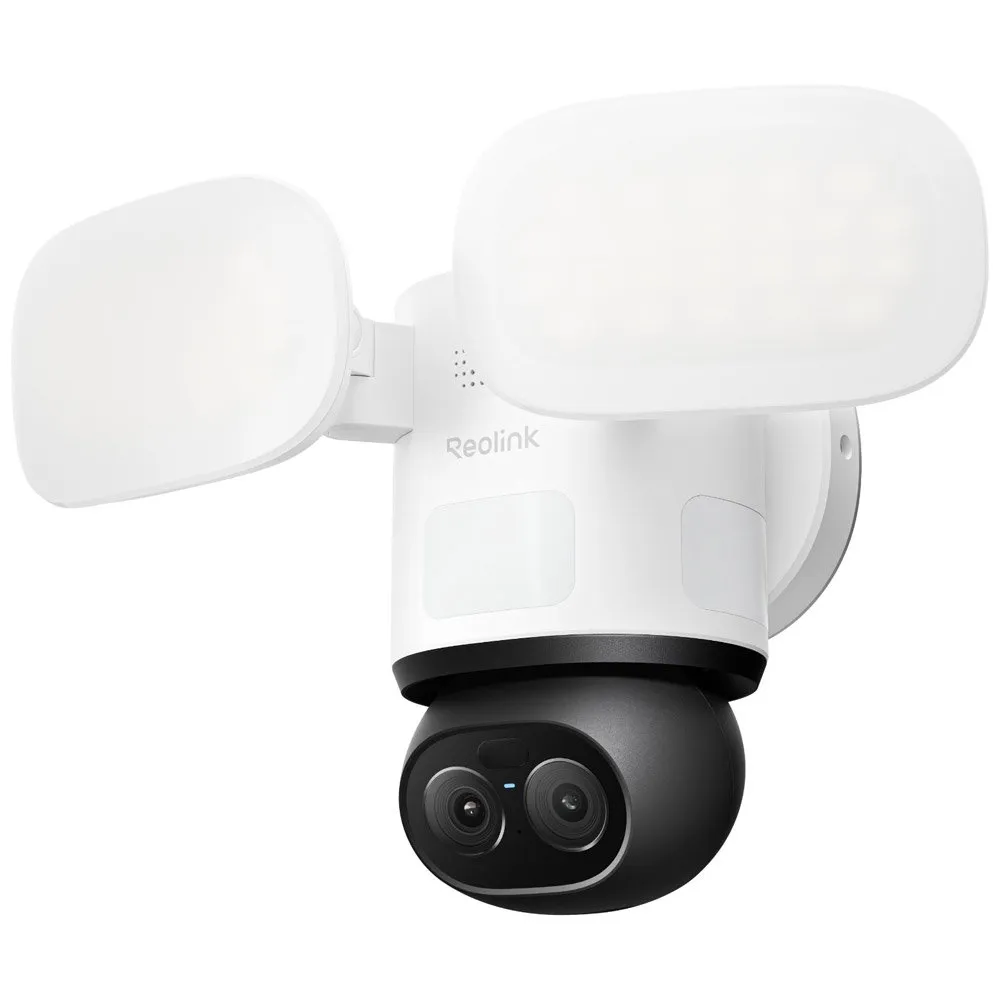 Camera supraveghere wireless rotativa IP WiFi 6 PTZ cu lentila duala Reolink TrackFlex Floodlight Full Color F850W, 8MP+2MP, 2.8/8 mm, PIR, 360 grade, slot card, lumina alba/IR 30 m, 3000 lumeni, microfon si difuzor, sirena, detectie smart