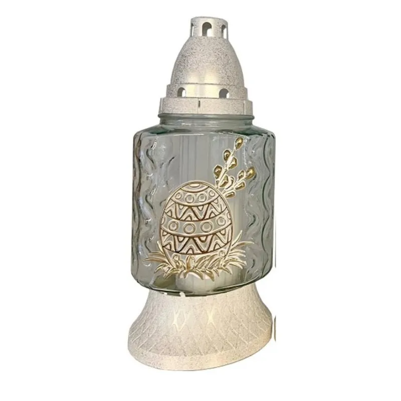 Candela din Sticla cu Decoratiuni de Pasti, Iepure, Pui si Miel