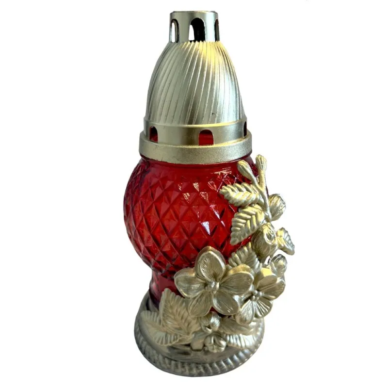 Candela din Sticla cu Flori, Rosu, 15 Ore