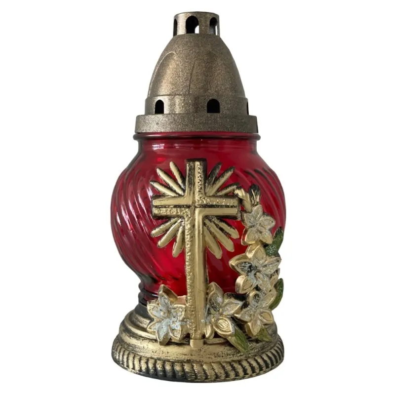 Candela din Sticla cu Flori si Cruce, Rosu, 15 Ore