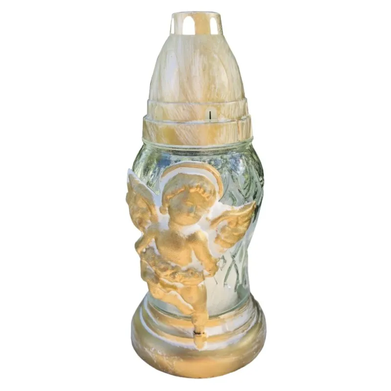 Candela din Sticla cu Ingeras, Auriu cu Alb, 15 Ore