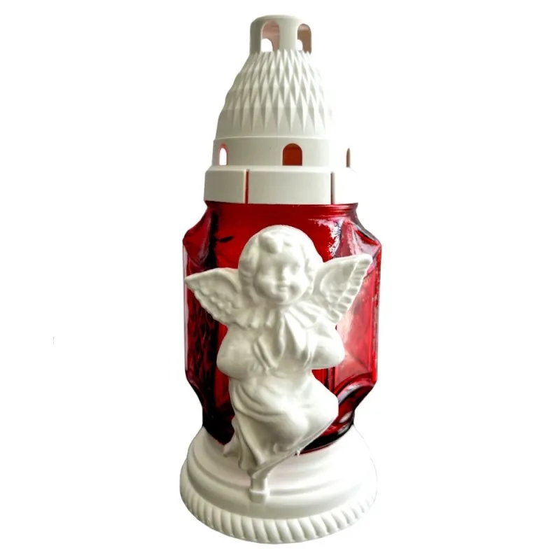 Candela din Sticla cu Ingeras, Rosu cu Alb, 15 Ore