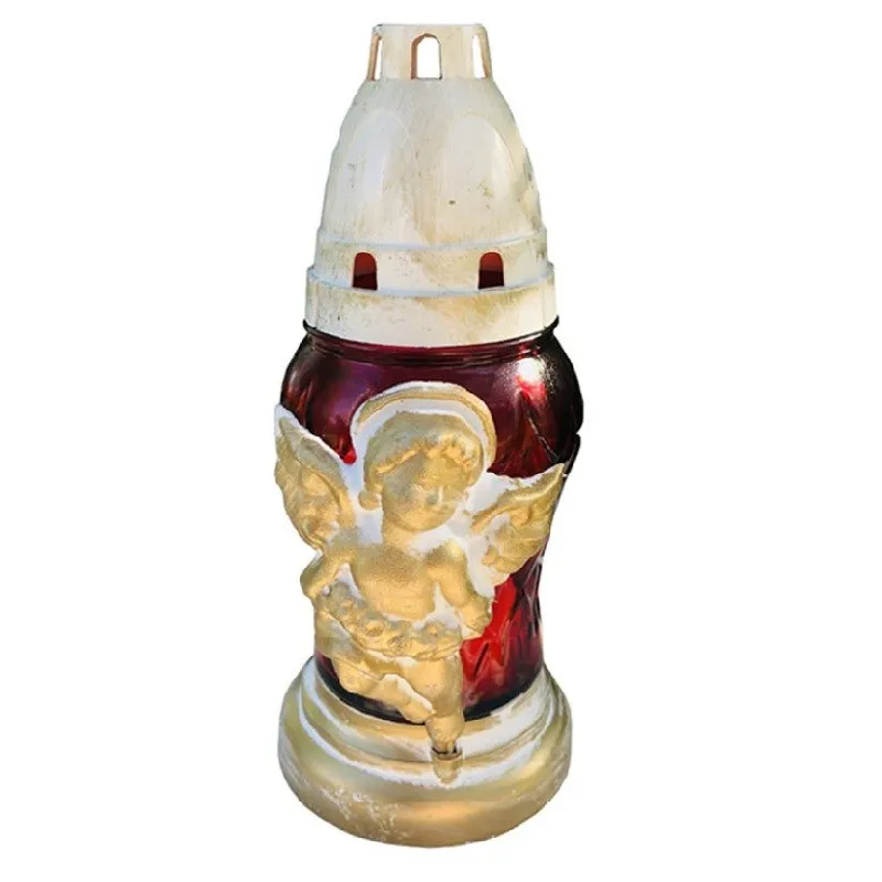 Candela din Sticla cu Ingeras, Rosu cu Auriu, 15 Ore