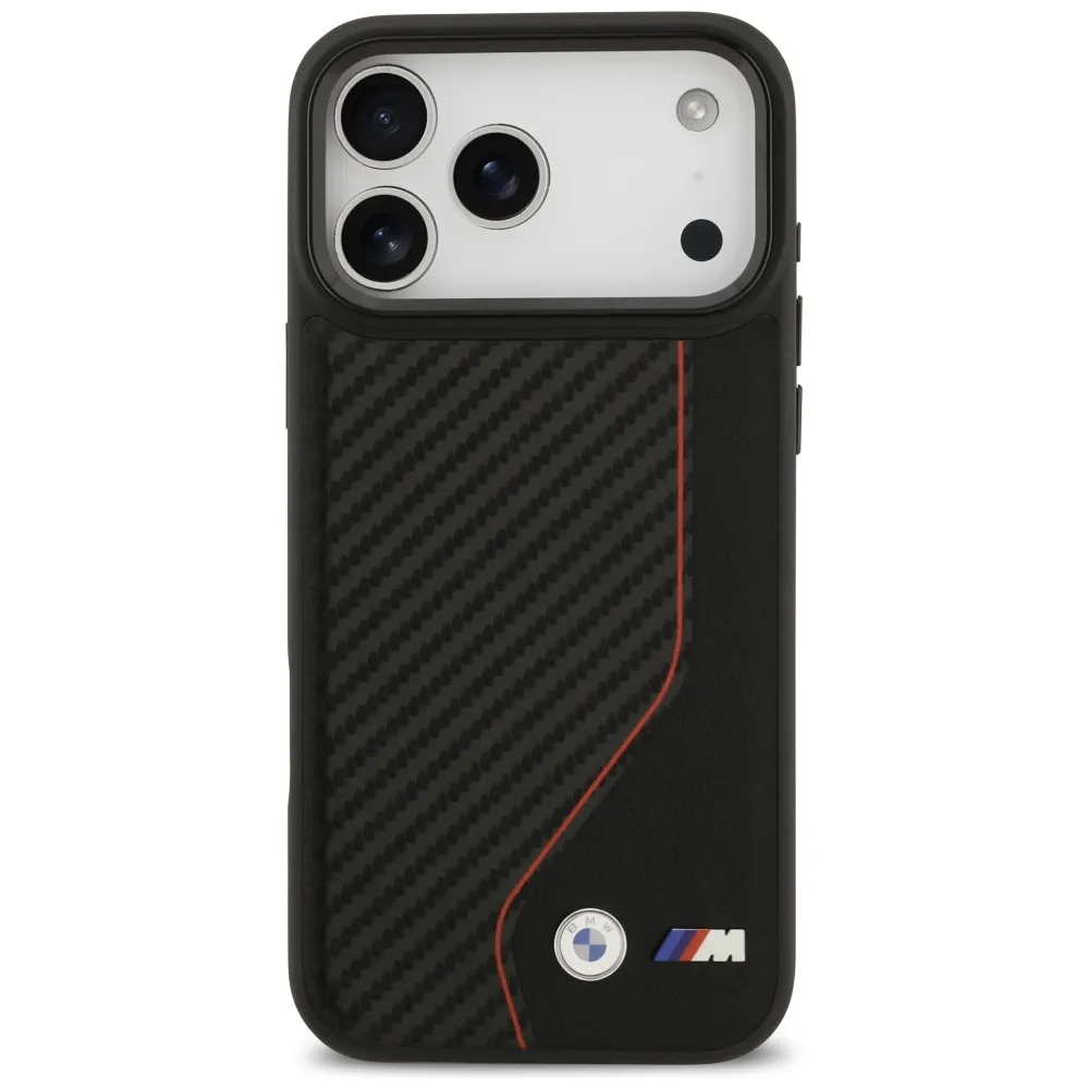 Carcasa din piele BMW M Carbon Line &amp; Logo cu MagSafe compatibila cu iPhone 17 Pro Max, Negru/Rosu