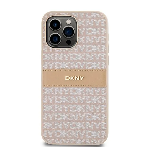 Carcasa DKNY Leather Mono Stripe &amp; Metal Logo compatibila cu iPhone 14 Pro, Roz