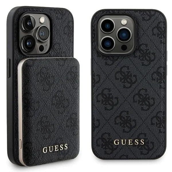 Carcasa Guess 4G Metal Gold Logo + baterie externa MagSafe 5000mAh compatibila cu iPhone 14 Pro, Negru