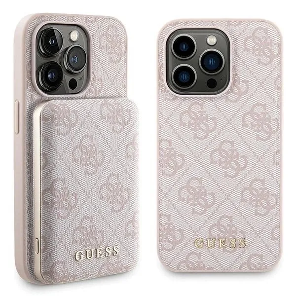 Carcasa Guess 4G Metal Gold Logo + baterie externa MagSafe 5000mAh compatibila cu iPhone 14 Pro, Roz