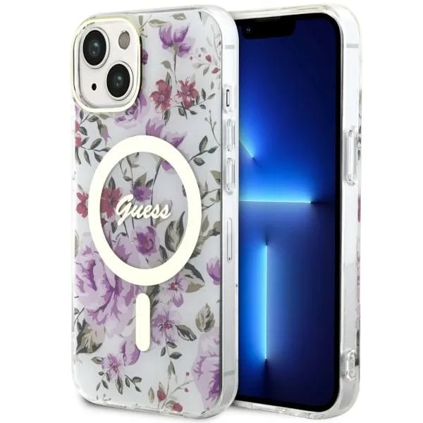 Carcasa Guess Flower cu MagSafe compatibila cu iPhone 13 / 14 / 15, Clear