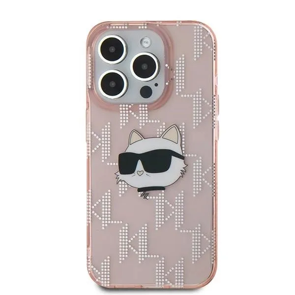 Carcasa Karl Lagerfeld IML Choupette Head &amp; Monogram, compatibila cu iPhone 15 Pro Max, Roz