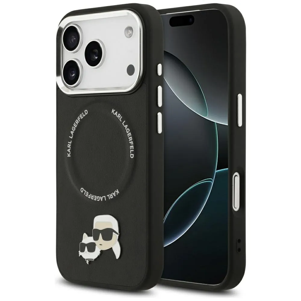 Carcasa Karl Lagerfeld Karl &amp; Choupette Pins cu MagSafe compatibila cu iPhone 17 Pro, Negru