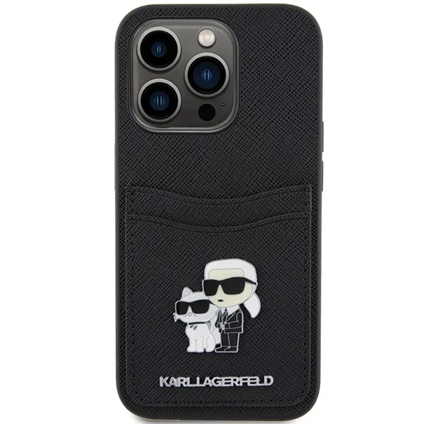Carcasa Karl Lagerfeld Saffiano Cardslot Karl &amp; Choupette Metal Pin compatibila cu iPhone 15 Pro, Negru